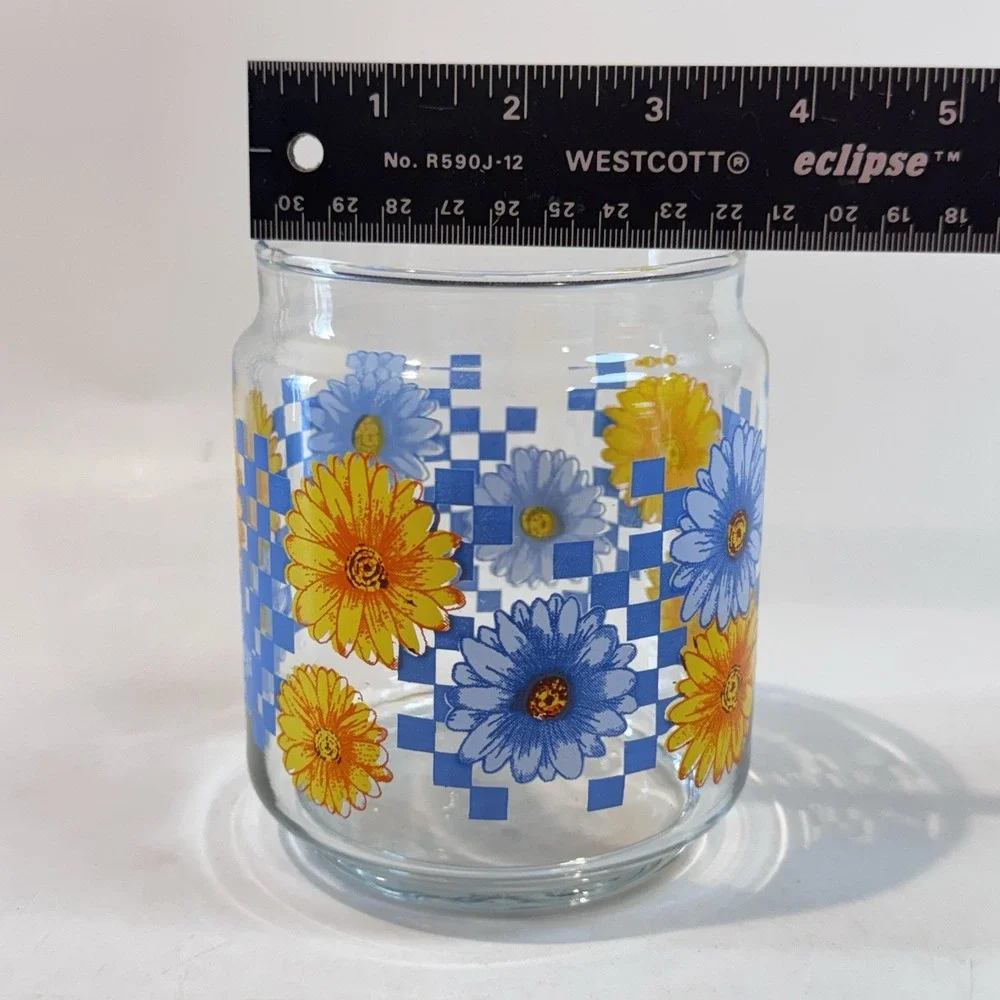 Clear Glass Canister Jar w Airtight Lid Floral & Check Pattern Farmhouse Cottage